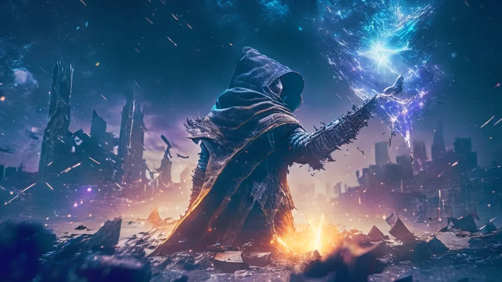 post apocalyptic space sorcerer casting spells, destroyed city, night starry sky, epic cinematic fight scene, 8k resolution, photorealistic, ultra detailed, macro photography