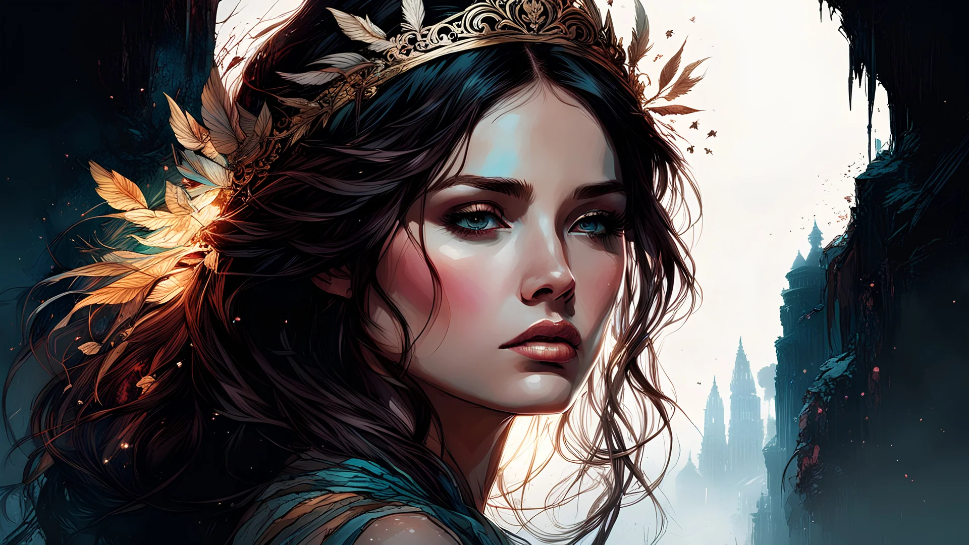 brunette princess, centered, looking to the right, key visual, intricate, highly detailed, dark studio, rim lighting, two tone lighting, dimly lit, low key breathtaking beauty, precise lineart, vibrant, comprehensive cinematic, Carne Griffiths, Conrad Roset