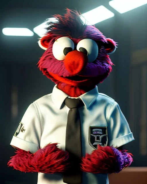 Realistic image, hybrid formed by simple Elmo muppet head and real human body, human arms and hands, Shirt and tie, concept art, smooth, unreal engine 5, god lights, ray tracing, RTX, lumen lighting, ultra detail, volumetric lighting, 3d, finely drawn, high definition, 4k.