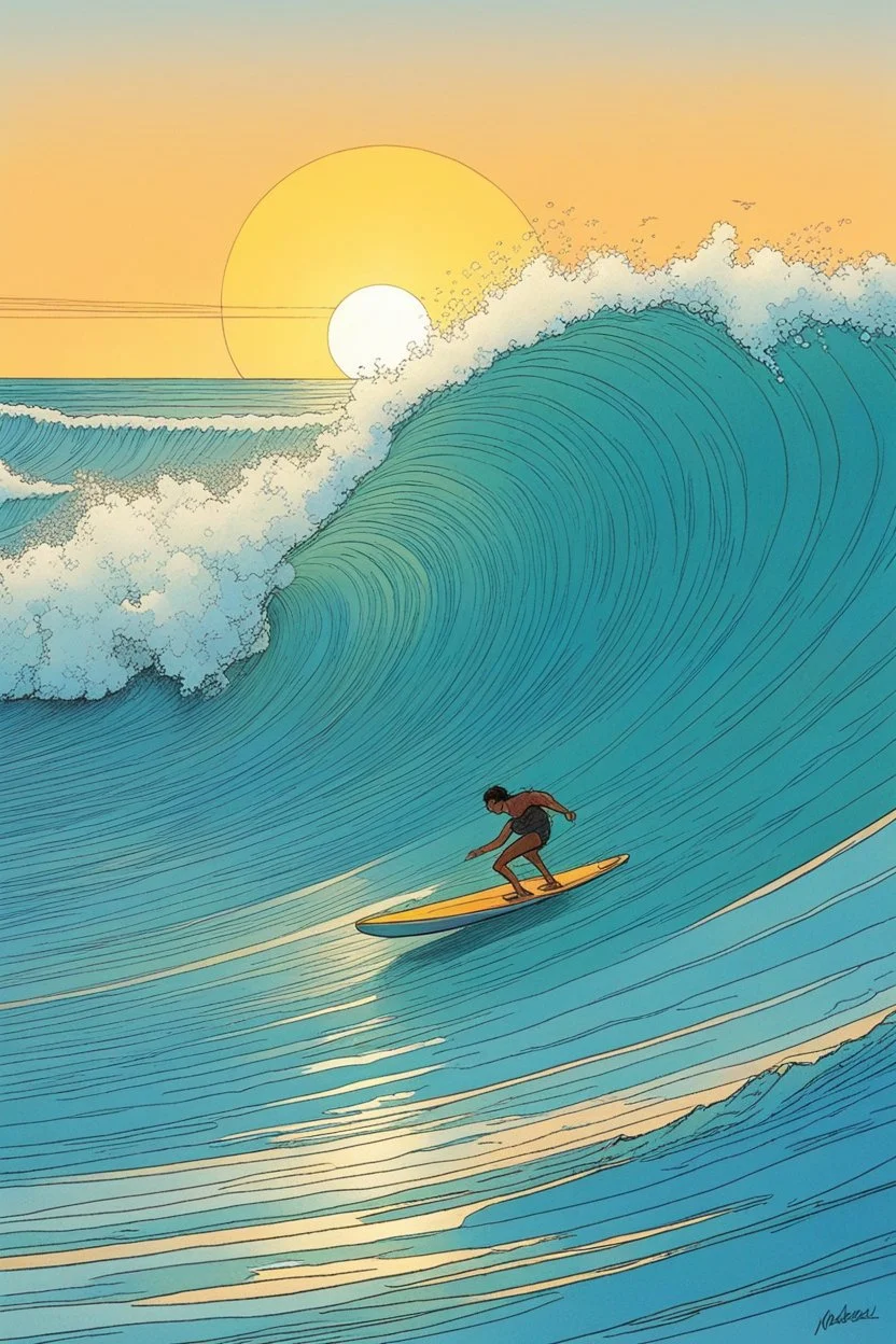 [surf illustration by Moebius] À l’aube, je me lève, Vers La Piste, la planche sous le bras, Sur la vague, je me lève aussi, Une, deux, trois fois, je vole.