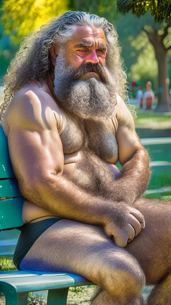 close up photography of a relaxed stocky short chubby hairy strong burly italian man, 64 years old, long hairs, long curly beard, in swimwear, emotive eyes, manly chest, open legs, relaxed sitting on a bench in a city public park, sweat, bullneck, big thighs, sunlight, backlight, photorealistic, ultra detailed, Canon EOS, 35mm lens, ground front view