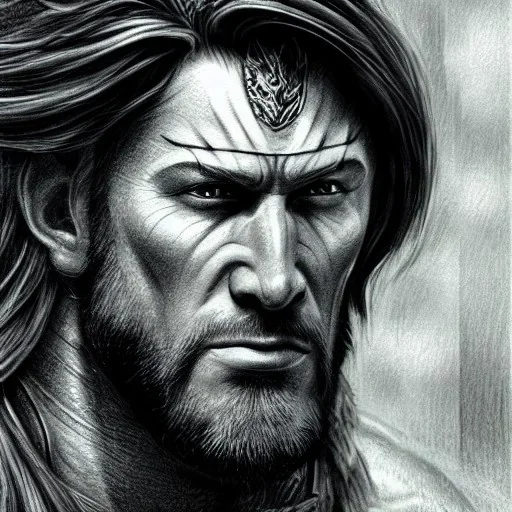 high-quality, fine-detail close-up pen and pencil sketch of beowulf, portrait, 8k resolution, intricate, digital art, detailed matte painting, photorealistic, volumetric lighting, Rafael Augusto, Juan Francisco Casas, Anne Dittman, Anne Stokes, greg rutowski