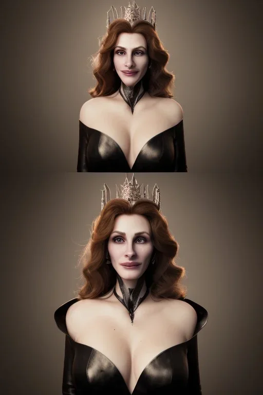 Julia Roberts as evil queen in black leather gown, evil, busty, cleavage, curvy, angry, stern look. character design by cory loftis, fenghua zhong, ryohei hase, ismail inceoglu and ruan jia. unreal engine 5, artistic lighting, highly detailed, photorealistic, fantasy