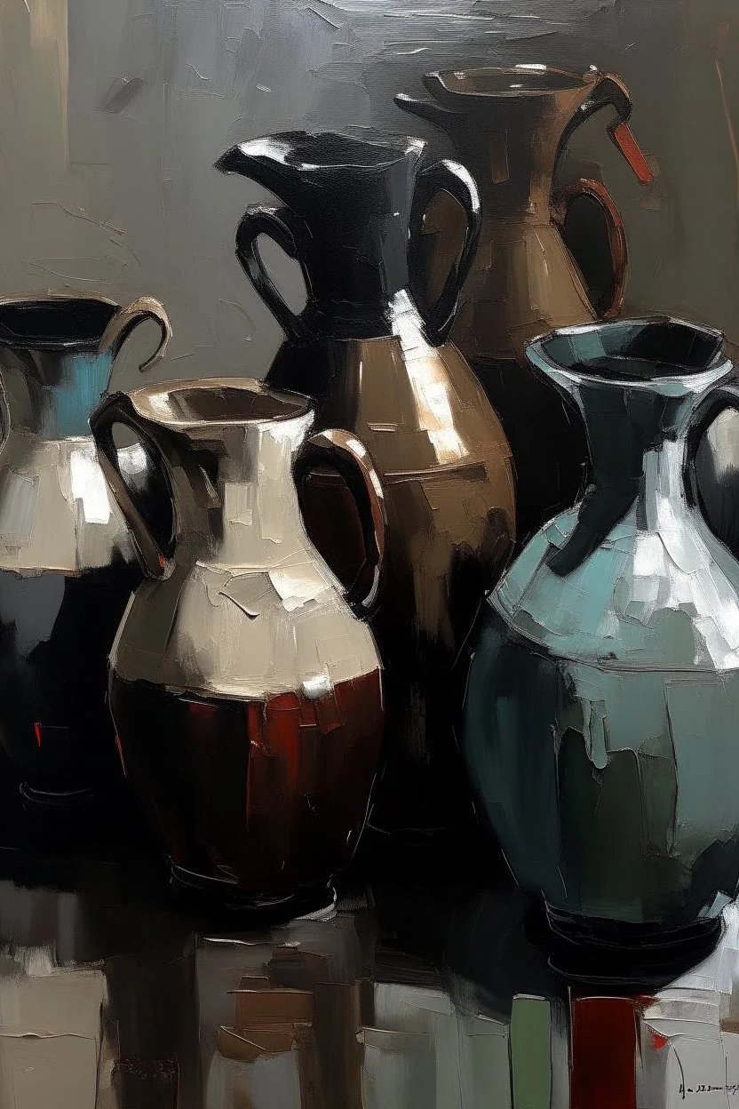 Thick impasto Oil painting of Vases and jugs in the style of Jeremy Mann