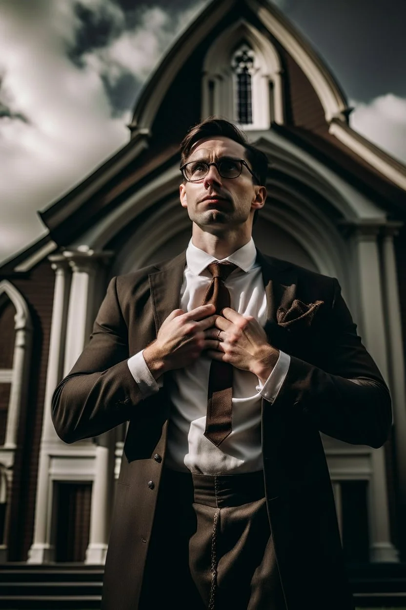 man dressed in church dress clothes opening his shirt like Clark Kent and bearing his chest in front of a church