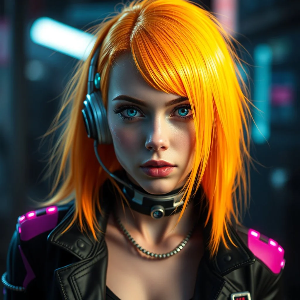 a pretty cyberpunk girl, cyborg, bright hair