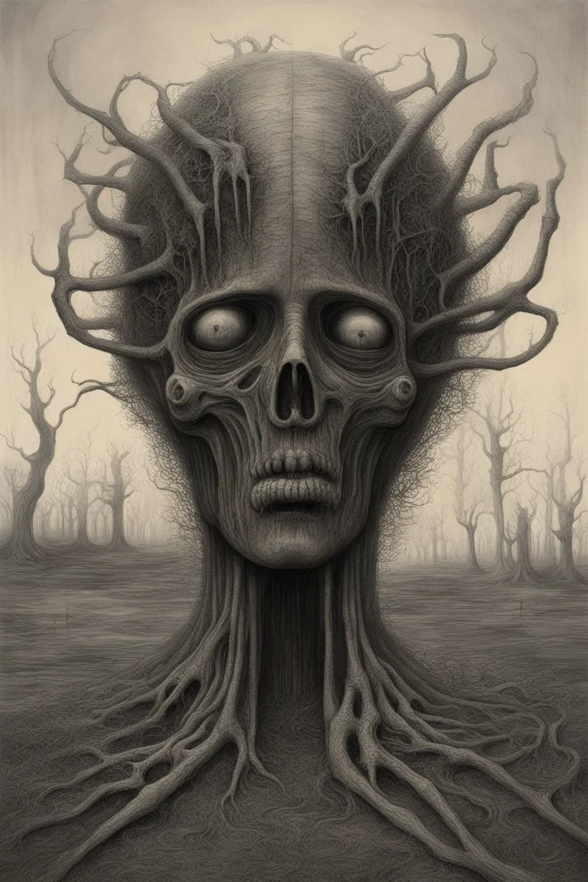 A field of thousands trees of hands , a thin line draw ،front view camera, decayed and rotting with grotesque proportions and imagery. surreal horror, biomechanical design, by hr giger and beksinski , Busch painting style