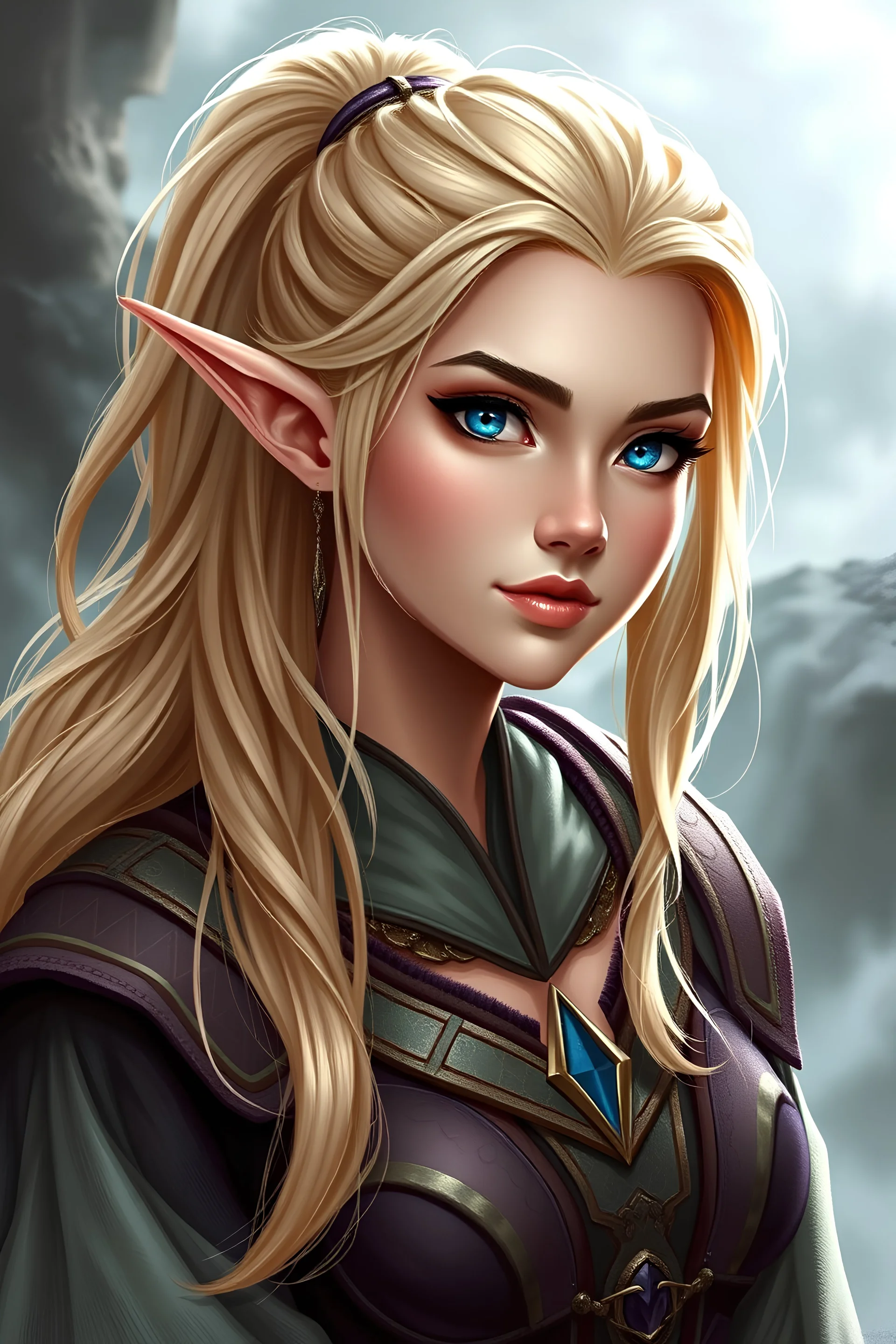 wizard female high elf with blue eyes and blonde hair styled in a high ponytail