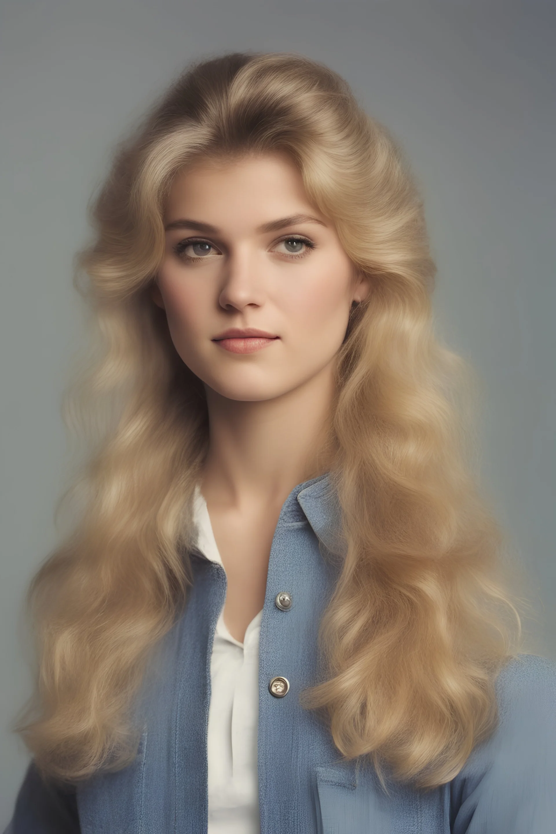 1980's yearbook photo, teenage girl, 18 years old, blonde hair, 80's hairstyle and clothes, photorealistic, --ar 9:16 --style raw