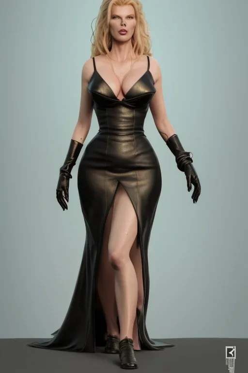 Kim Basinger in black leather gown, evil, femmefatale, mbusty, cleavage, curvy, angry, happy, stern look. character design by cory loftis, fenghua zhong, ryohei hase, ismail inceoglu and ruan jia. unreal engine 5, artistic lighting, highly detailed, photorealistic, fantasy