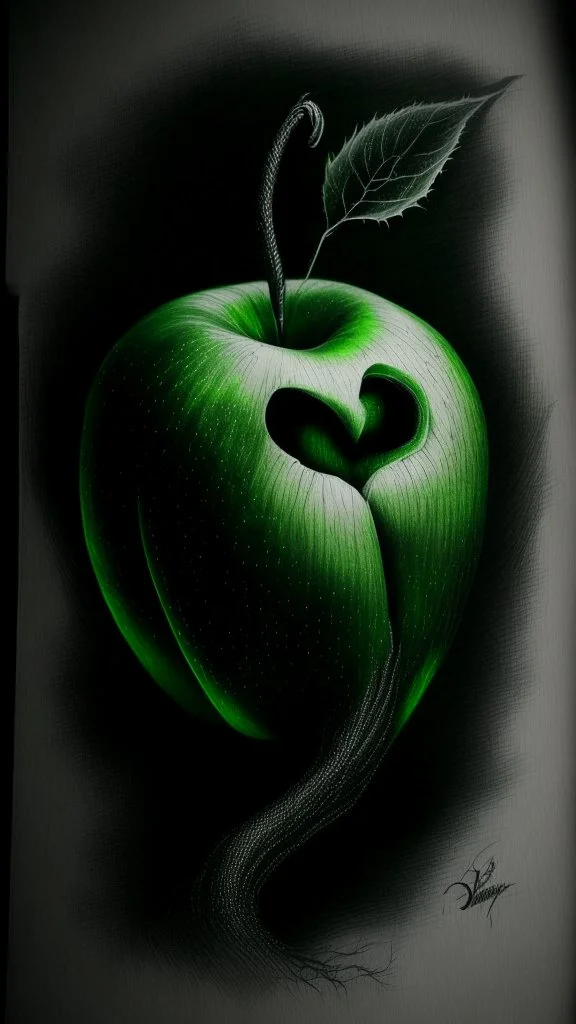 pencil drawing of poison apple. Spooky, scary, halloween, realistic, black paper, green poison