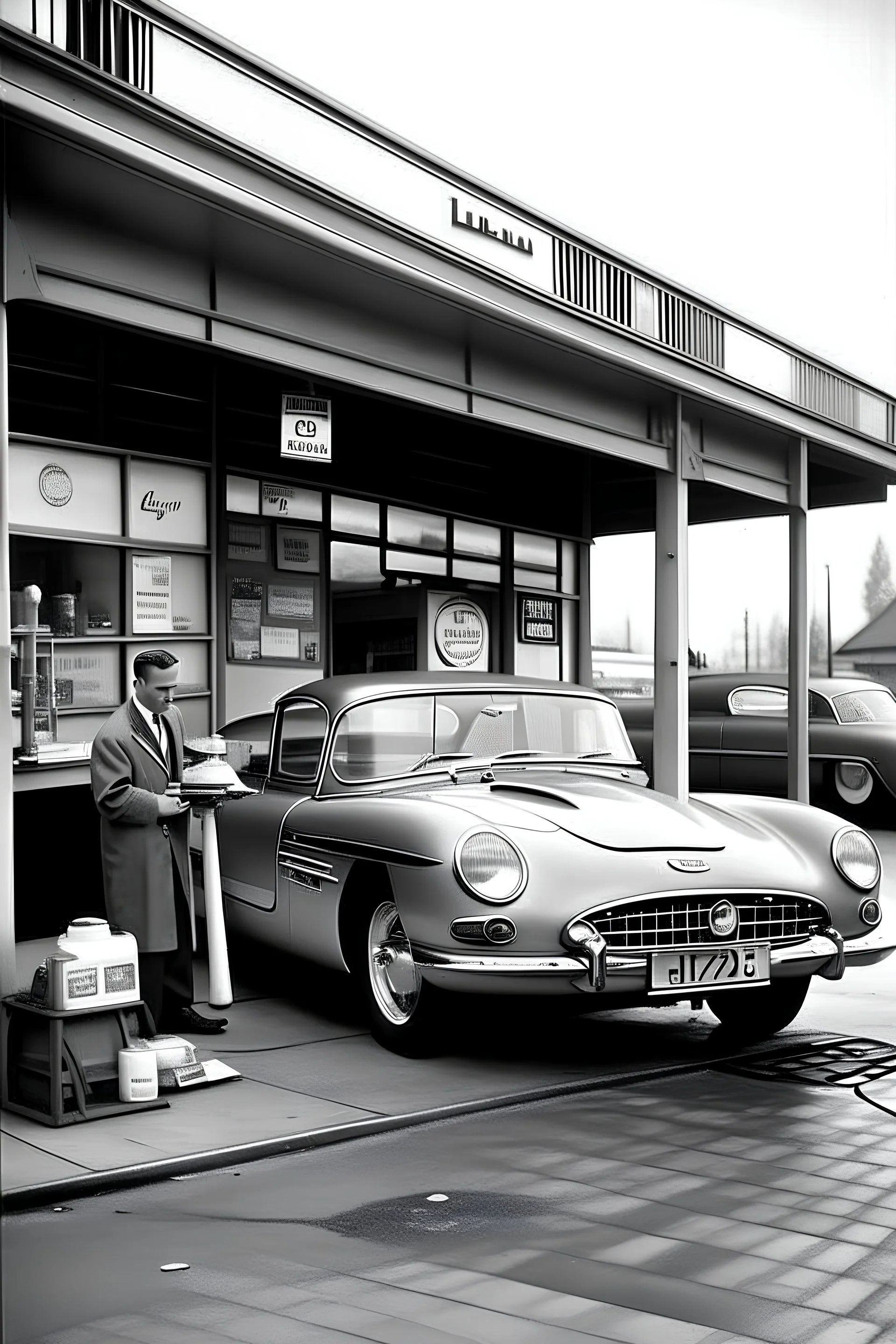 1961 Jaguar E-Type (XKE), Classic Gas Station and Auto Repair Shop: A classic gas station features a canopy with a "Service" bell overhead, and attendants in coveralls fill tanks and check oil levels