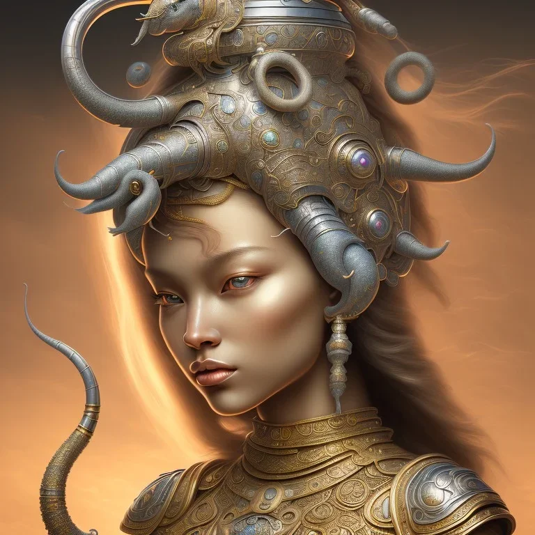 Sango fantasy, fantasy magic, intricate, sharp focus, illustration, highly detailed, digital painting, concept art, matte, art germ and Paul Lewin and Kehinde Wiley, masterpiece silver elephant head bronze Buddha Asian African girl nice breast Hawaiian hair turquoise golden waves