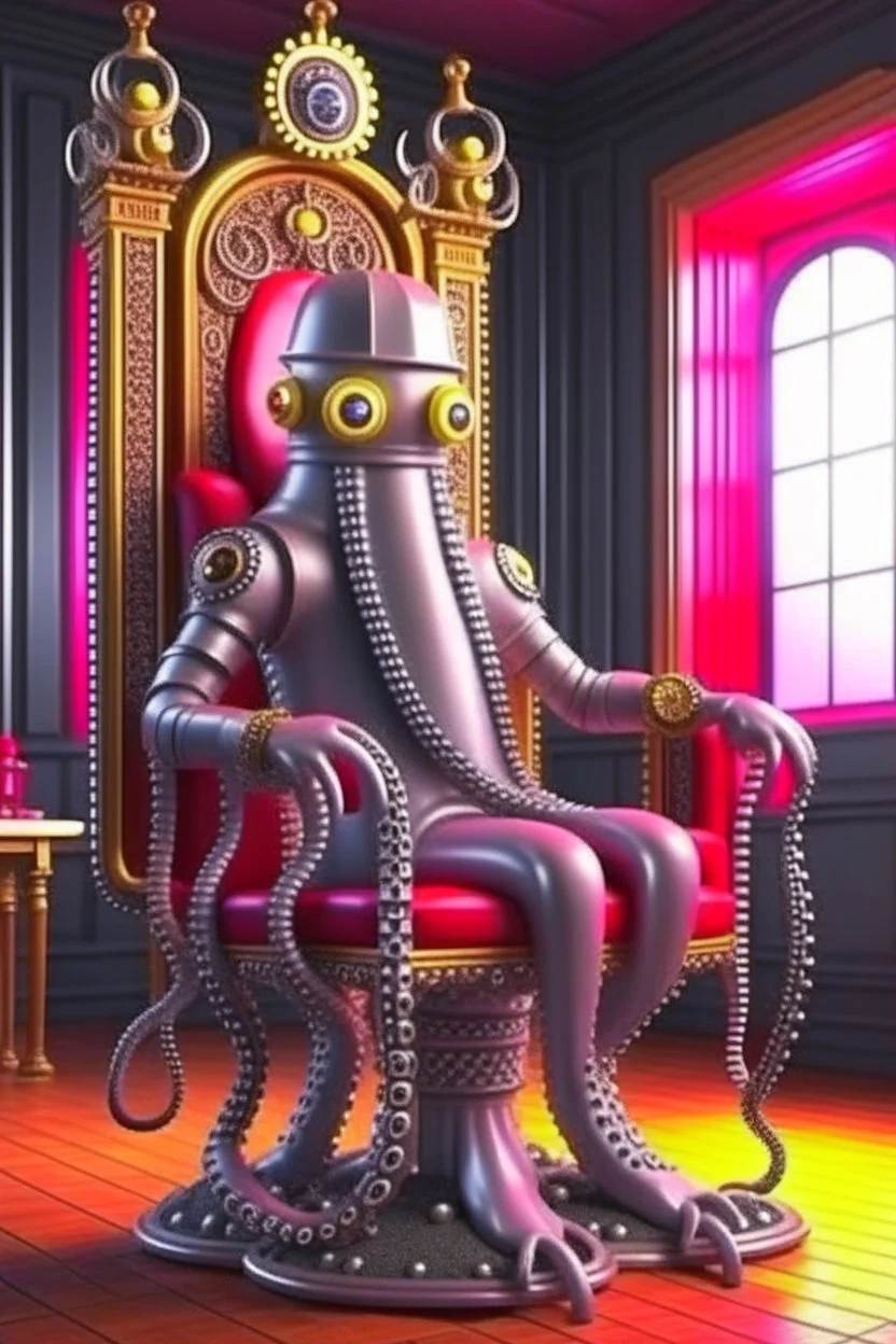 portrait of chrome robot octopus chatbot with stylish wig smoking sigar on a throne in medieval castle, 4k, downlight, soft light, depth of field, photorealism