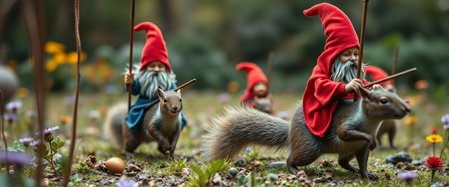 depth of field, halo, close up on blue and red clothed gnomes riding squirrels with lances in garden of eden in the style of Escher and Giger