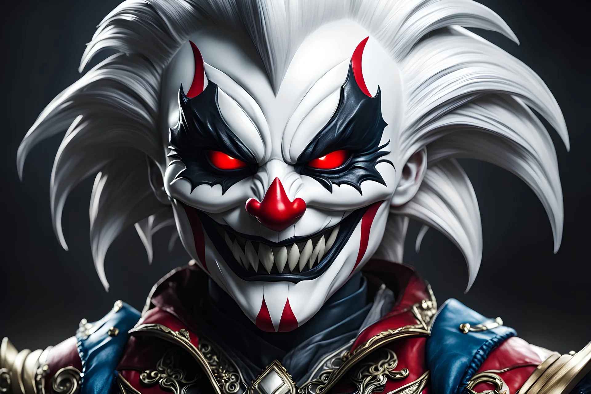 Chibi Shaco venom in 8k live action artstyle, white clown mask, close picture, intricate details, highly detailed, high details, detailed portrait, masterpiece,ultra detailed, ultra quality