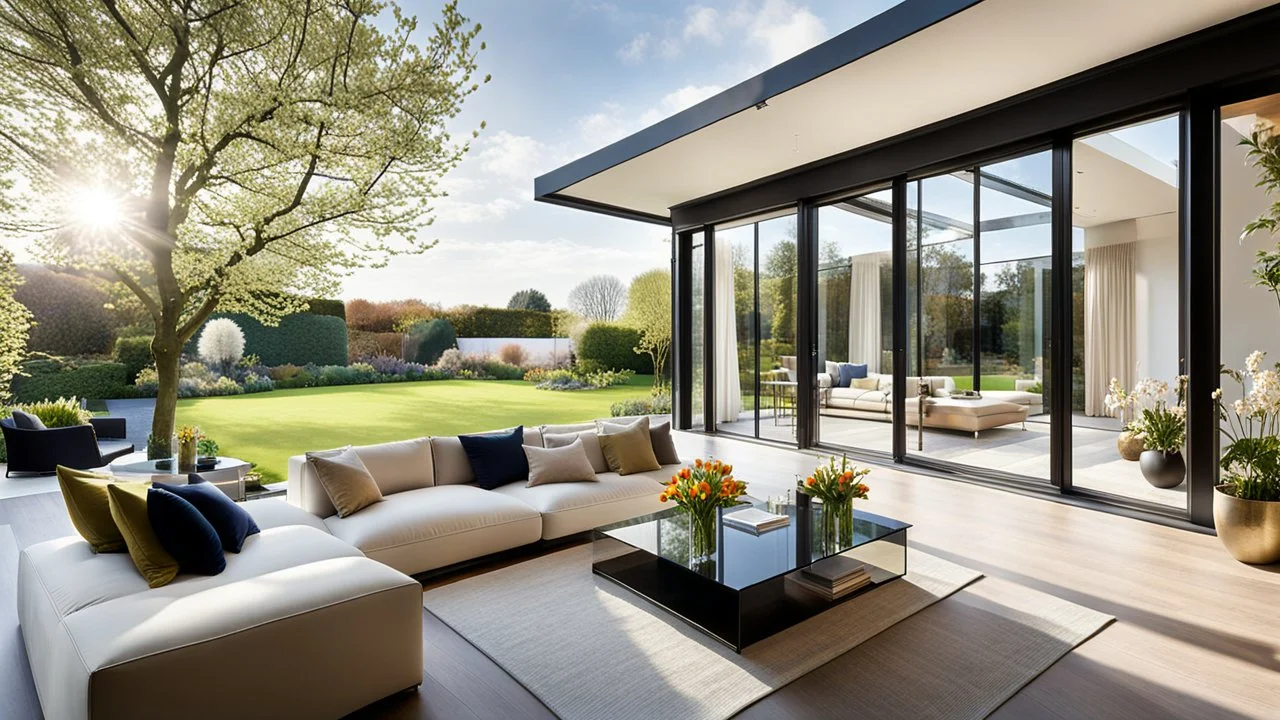 Beautiful modern luxurious minimal domestic living room, floor-to-ceiling sliding windows look out onto attractive flower gardens and fruit trees. Beautiful delicate roof-lantern adds extra daylight and view of the sky. Room is light, comfortable, peaceful, welcoming and tasteful. The home was recently the winner of a national architecture award. Afternoon, springtime, blue sky with small clouds.