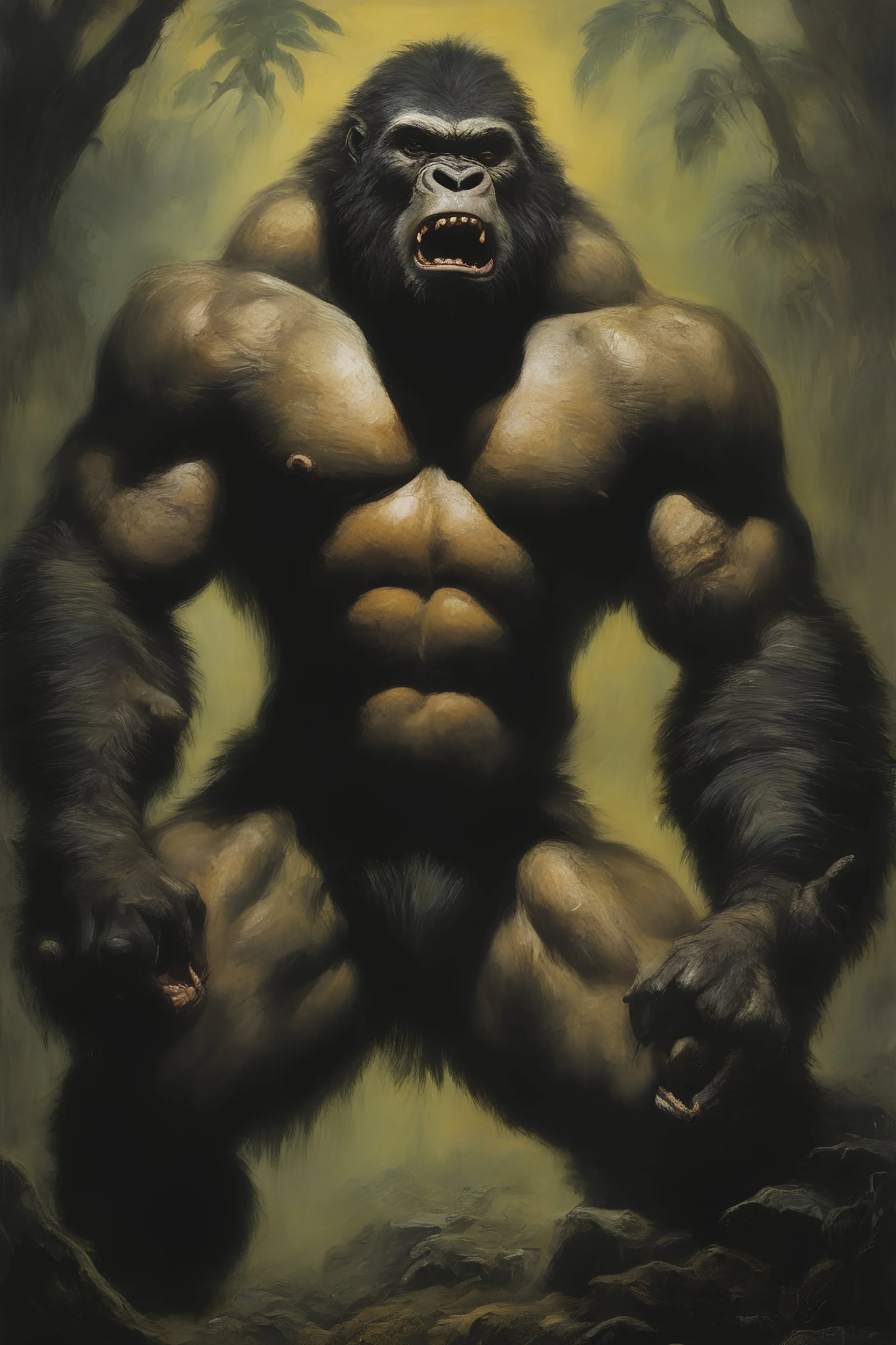 Tarzan the extremely ugly werewolf gorilla - oil painting by Rembrandt, Frazetta, Boris, Brom, Julie Bell, Michelangelo, Caravaggio, Gilbert Stuart