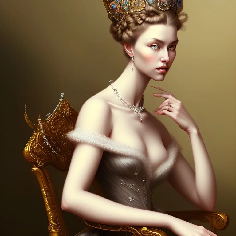 painting of an elegant lady sitting on a chair, a perfect face, highly detailed