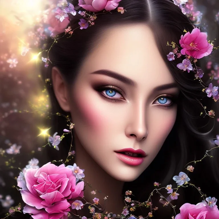 black fairy, beautiful portrait, flowery landscape