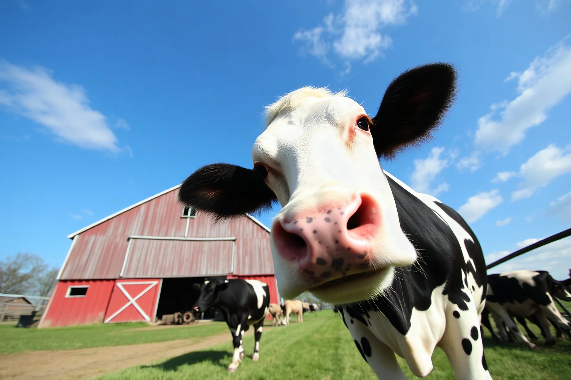 low angle scenic photo of a Dairy farm with barn, one Holstein Cow in front