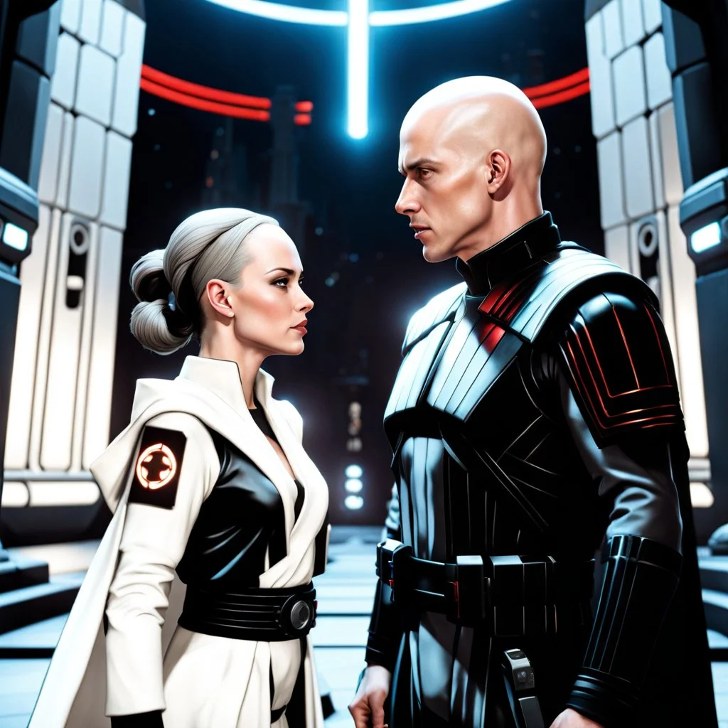 a bold and heroic bald male Corellian pilot in black and metallic grey First Order special forces gear meets a female Jedi Master in ancient, mystical temple, hyperdetailed, dynamic lighting, hyperdetailed background, 8k resolution, volumetric lighting, light skin, fully symmetric details