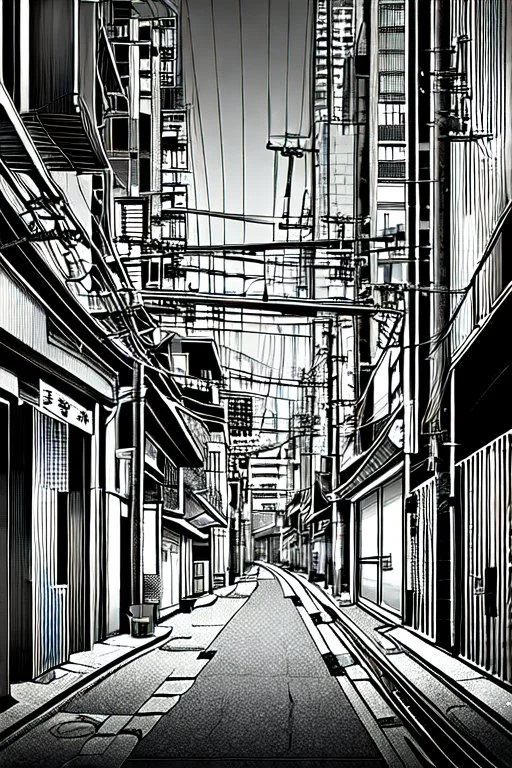 Tokyo alley, line arts, greyscale