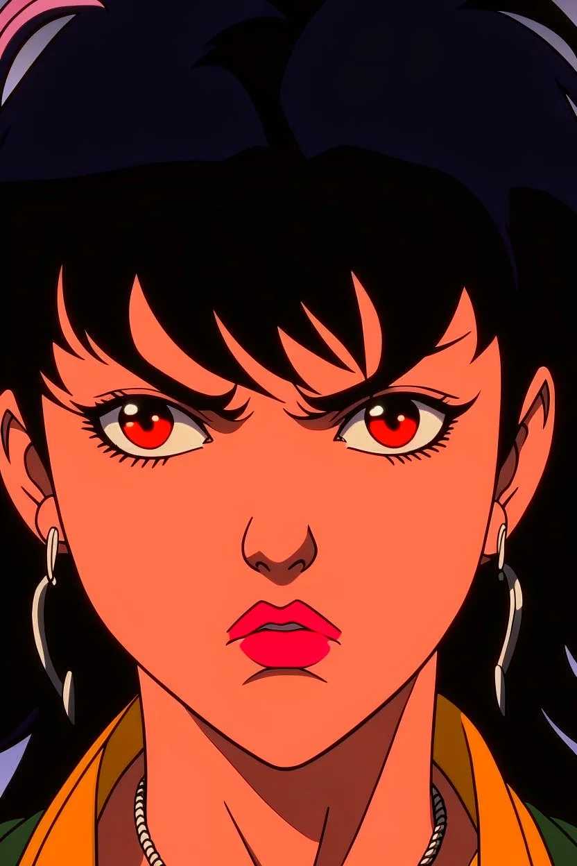 female 80's anime character, angry and sweating, close up on face, black hair, earrings, striking features showing intense facial expression