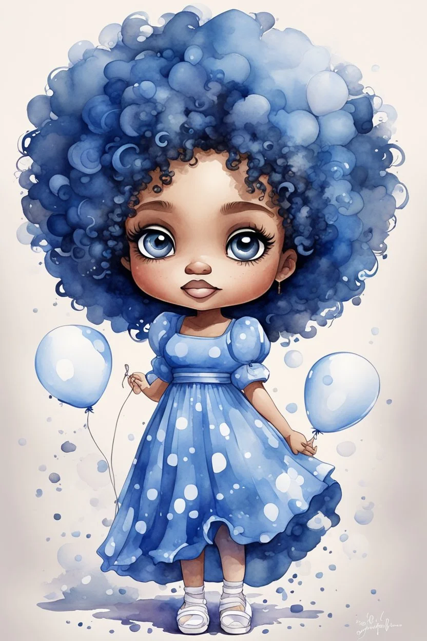 A watercolor fairytale style of a chibi cartoon wearing a blue maxi dress and white sandals. Prominent make up with hazel eyes. Highly detailed tight curl afro. Background of white and blue ballons everywhere.