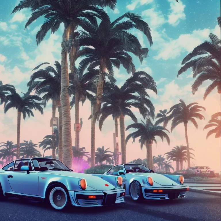 1980's aesthetic vaporwave palm trees and spheres and Porsche with lightning