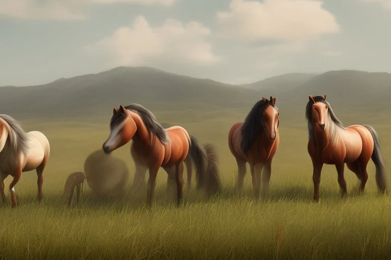 illustration horses of different colors in a field from afar