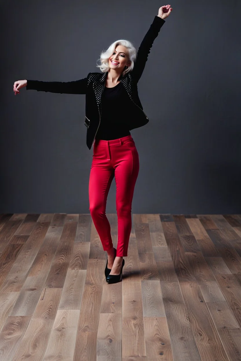 full body of very beautiful lady wearing pants and jacket,white curvy hair ,standing idle happy pose in studio pretty makeup