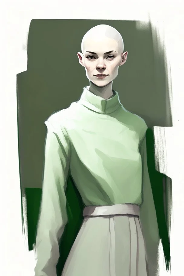 full length colour drawing, portrait, 22-year old friendly slender female human cleric, shaved head, light eyebrows, grey eyes, wearing white (10%0 and dark green (80%)