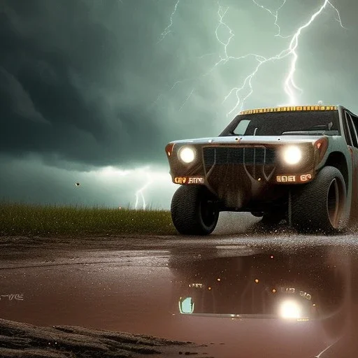 hyperrealistic shot, off-road truck, speeding, earth color palette, sharp focus, puddle reflection, tire water splash, refraction, rain and lightning on the horizon, shadowcast, detailed and intricate, cinematic composition, tilt shift photography