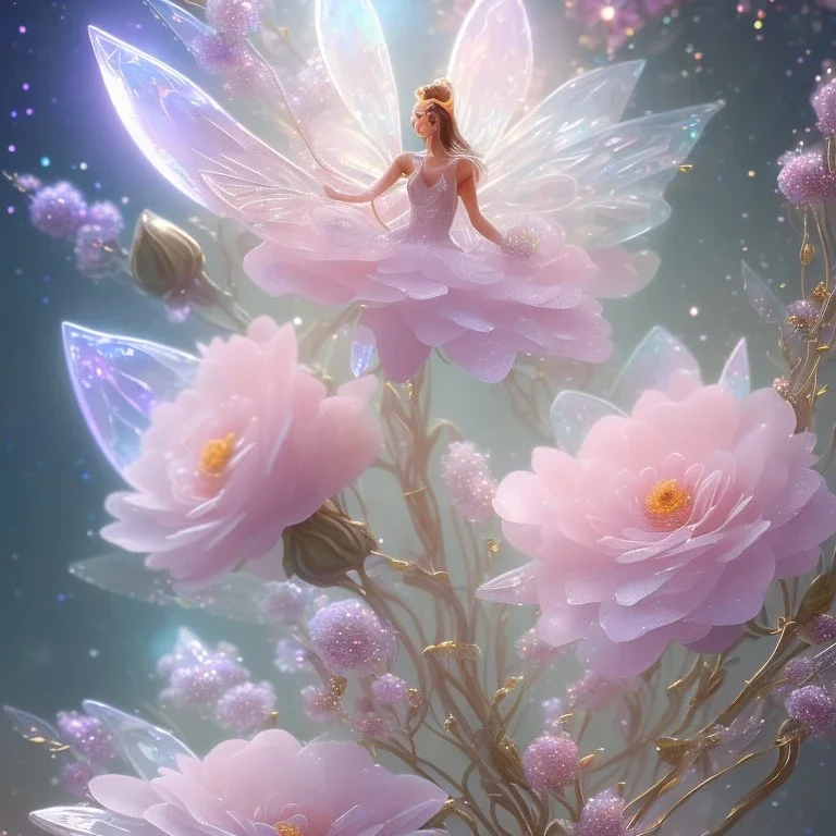 one big crystal subtle flower in a galactic ambiance with a beautiful fairy, transparent petals, delicate colors, in the foreground, full of details, smooth，soft light atmosphere, light effect，vaporwave colorful, concept art, smooth, extremely sharp detail, finely tuned detail, ultra high definition, 8 k, unreal engine 5, ultra sharp focus