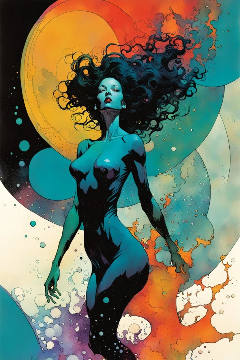 create a wildly abstract and chaotic full body illustration of an amorphous woman utilizing fluid shapes, in the comic book art style of Bill Sienkiewicz, Mike Mignola, and Jean Giraud Moebius, finely textured, drawn, colored, and inked