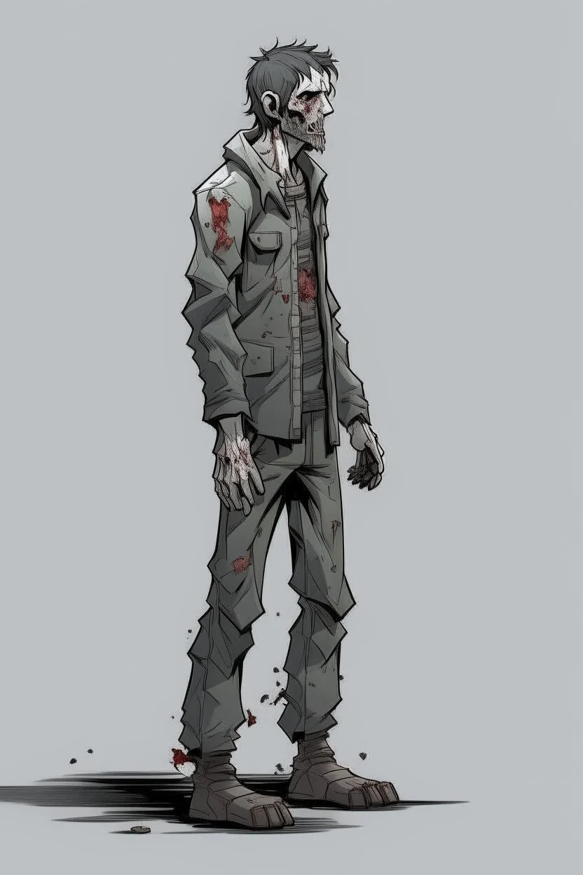 zombie, full body, profile ,comic book, post-apocalypse, gray background,