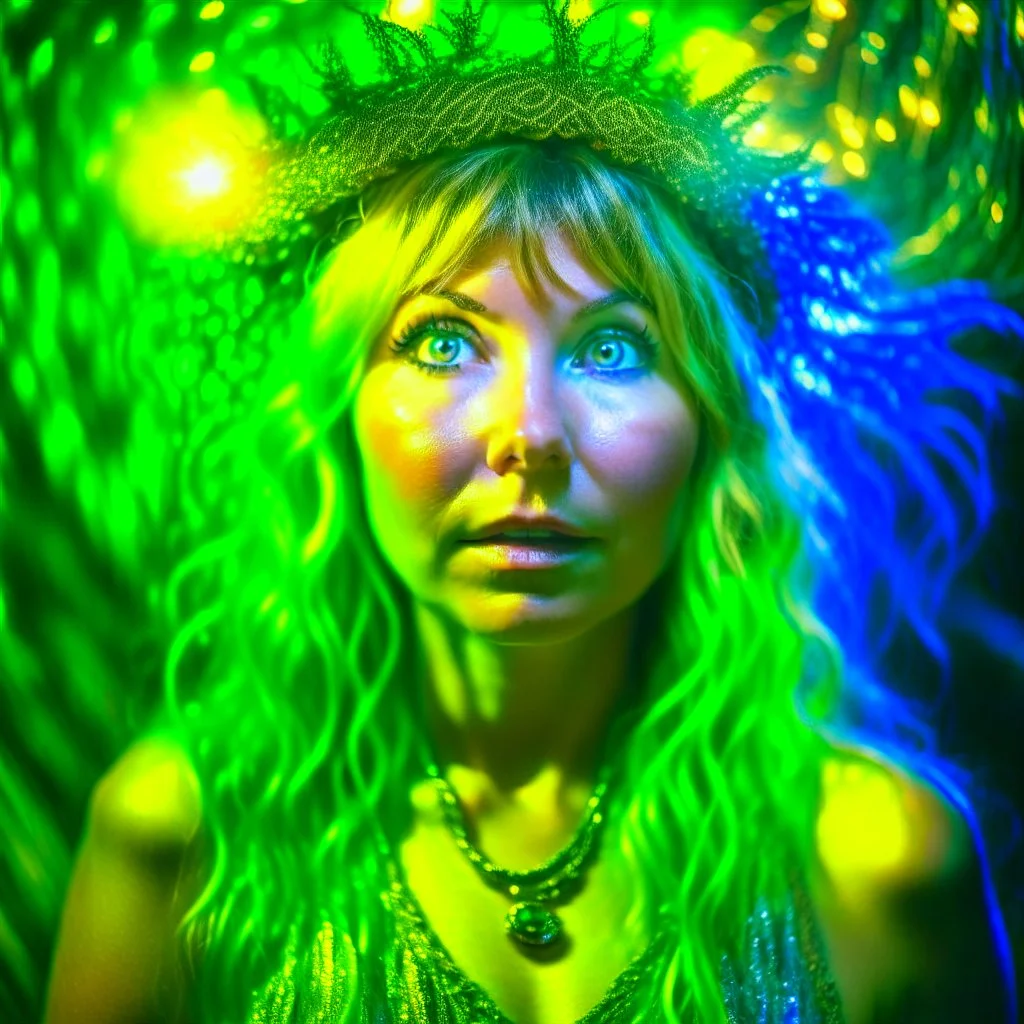 micromosaic, portrait of samantha fox hippie pixie hovering in the underground grove glowing spaghetti light, in the style of dali, 8k, down-light, soft light, depth of field, photo realism, trending on art station, high detail, smoke and fog