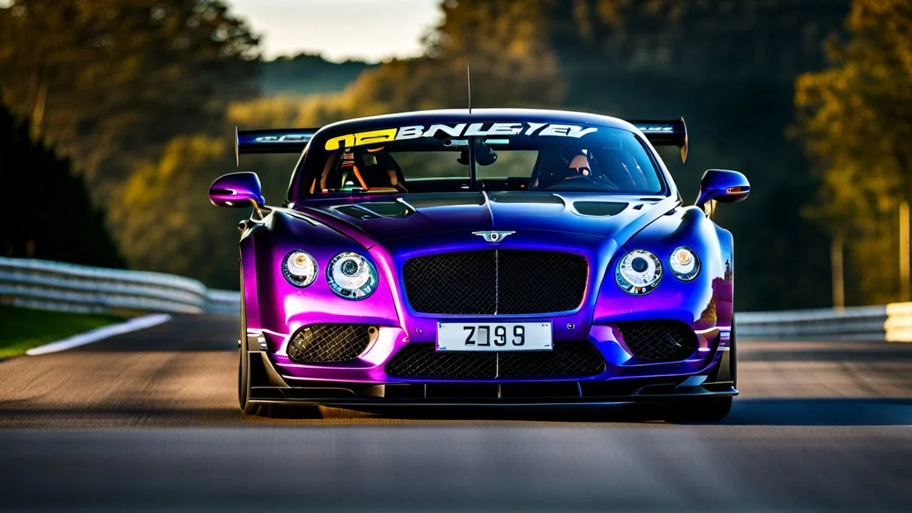 A sleek (((racing purple bentley gt3))),, cutting through a (((clear bright blue morning sky)))