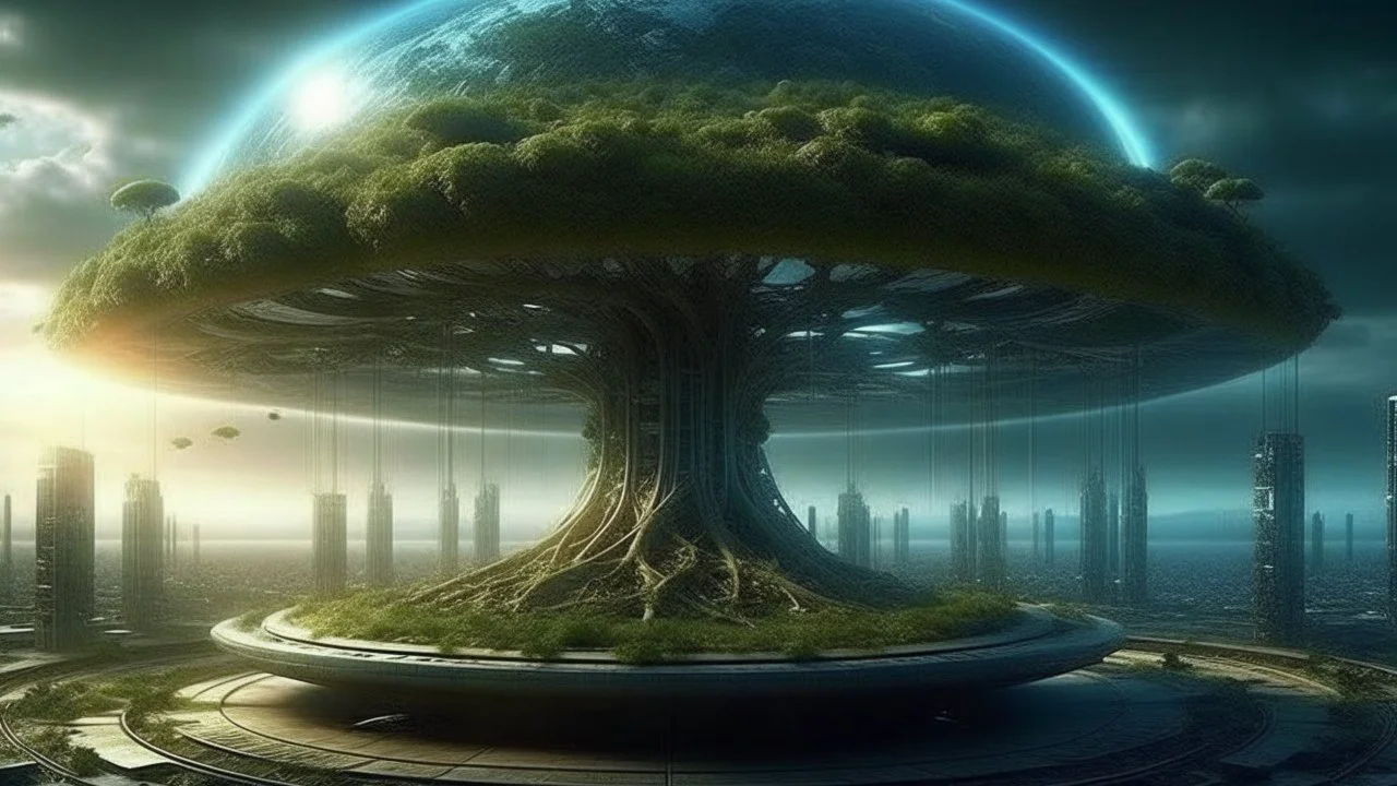 the last tree on earth city of the future year 4222, portal to space, very realistic,