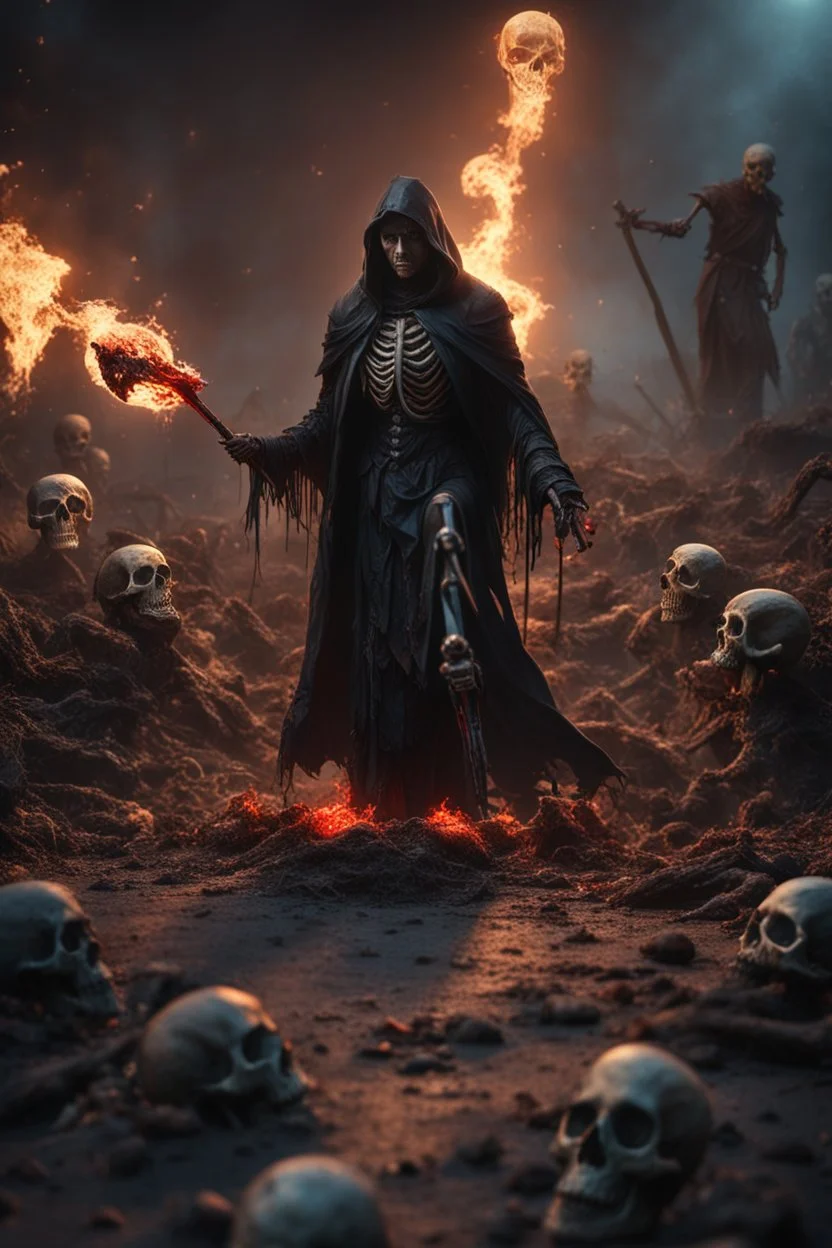 the bloody sorcerer known as The Shadow of Death weilding the staff of destruction. skeletons in the ground. zombies in the background. fantasy art, Cinematic lighting, Volumetric lighting, Epic composition, octane render