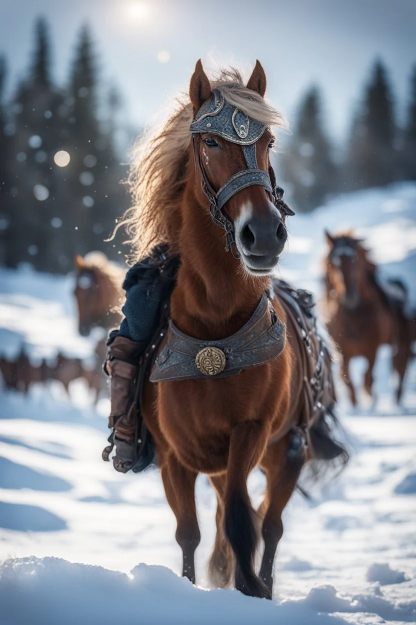 knee deep in snow at war with horses, epic hero norseman with wild hair, short ears, and big holy ornamented shield Under stjerners gnist Vi går som ett, vår tro et løfte ,bokeh like f/0.8, tilt-shift lens 8k, high detail, smooth render, down-light, unreal engine, prize winning