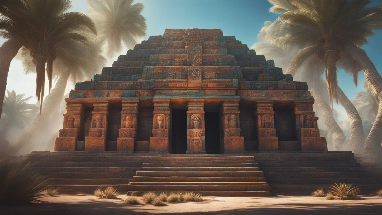 A forgotten mayan tempel in a desert. Perfect symmetry, cinematic lighting, hyper realisme, Hyperrealistic, splash art, concept art, mid shot, intricately detailed, color depth, dramatic, 2/3 face angle, side light, colorful background