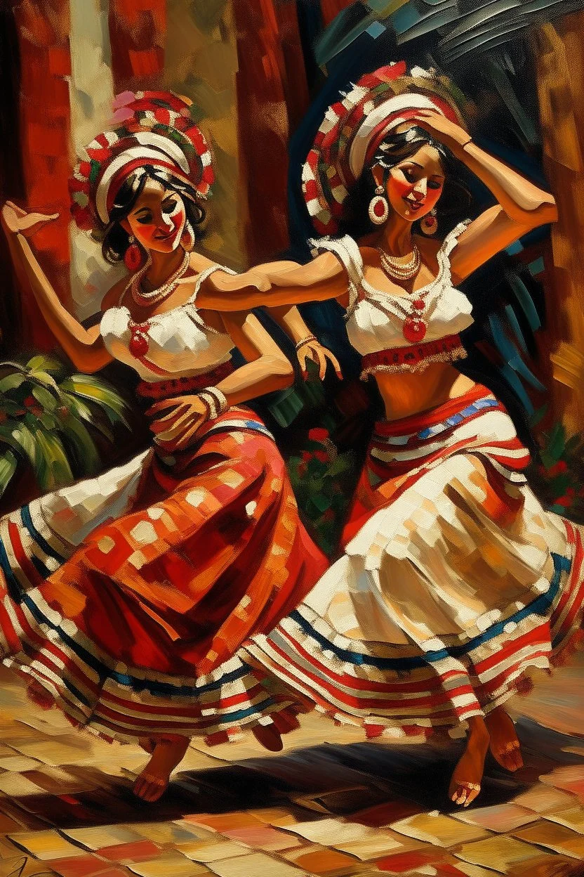 2 maxican woman dancing neoclassism traditional painting