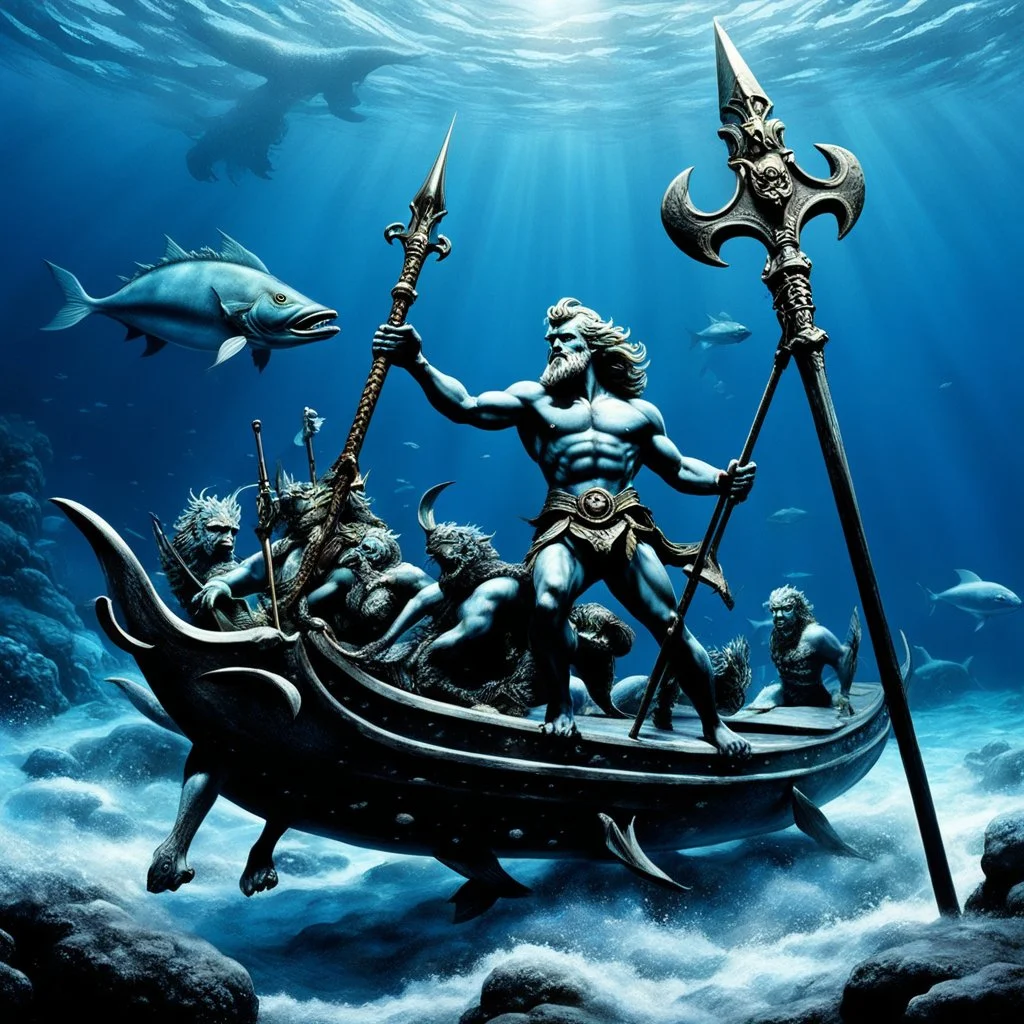 (scene from a movie by Ray Harryhausen) Neptune in the deep ocean holding his Trident, Standing on a Sled with no wheels drawn by two great Bluefish swimming in the same direction Neptune us facing