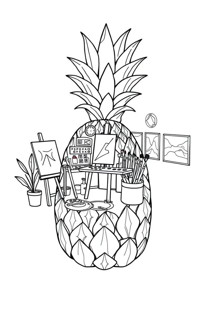 Pineapple Cozy Art Studio Coloring Page: A pineapple cross-section displaying an art studio. Features an easel, paint palettes, brushes, and artworks hung on the walls.