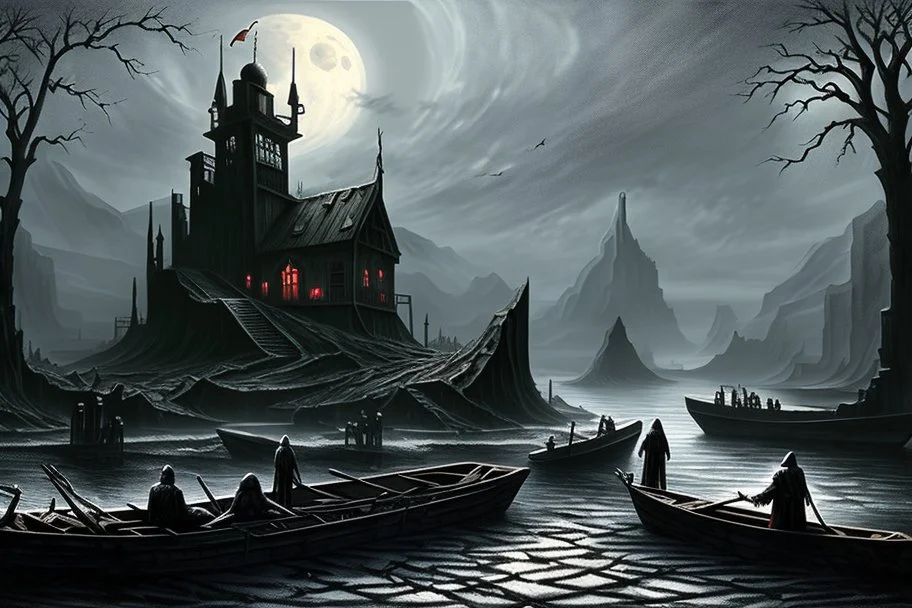 on the river Styx, in a special creepy boat, the boatman in the hood of Death, who takes the guilty people to the endless darkness, to hell on the boat, the crowd of crying, howling, begging dead, surreal style, dark colors, strange surreal nightmare landscape, high detail, sinister, surreal art, chillingly fascinating