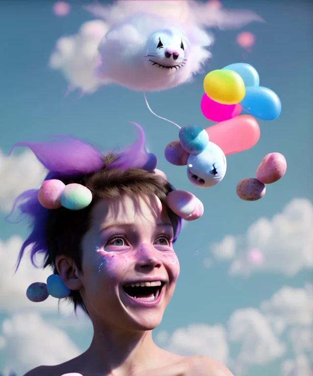 Ultra realistic speed clouds sky scene, wide angle view, sweet childs falling down, inflatable color clothing, free jumping flying, many trinkets, hair monster, many jelly beans, balls, color smoke, smile, happy, circus style, extreme, wind, clouds sea, 20,000 feet altitude, stratosphere, soft color, highly detailed, unreal engine 5, ray tracing, RTX, lumen lighting, ultra detail, volumetric lighting, 3d, finely drawn, high definition, high resolution.