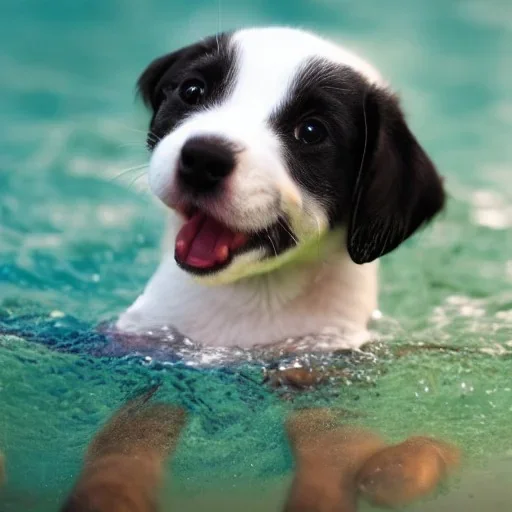 a puppy swimming in the water with headphones on