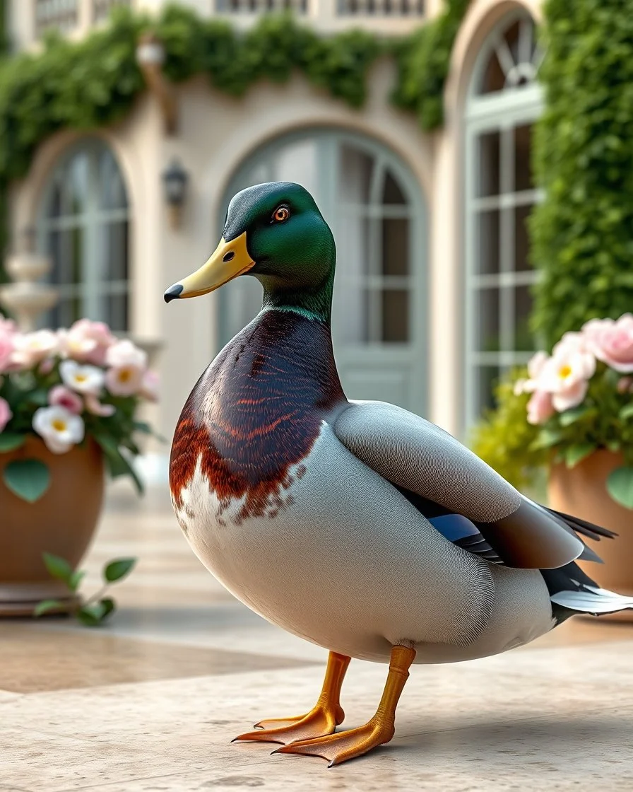 Generate image: Generate image: Generate image: A macro 3D render of a cute, lovely mallard with dark green neck ,entirely of translucent, glossy,colored jelly material. it is standing in terrasse of a luxury villa next to flowers ,subsurface scattering and gelatinous texture . High-quality CGI, octane render, 8k resolution, whimsical, adorable, clean composition., in the style of Portraits, in the style of Portraits, 4:3